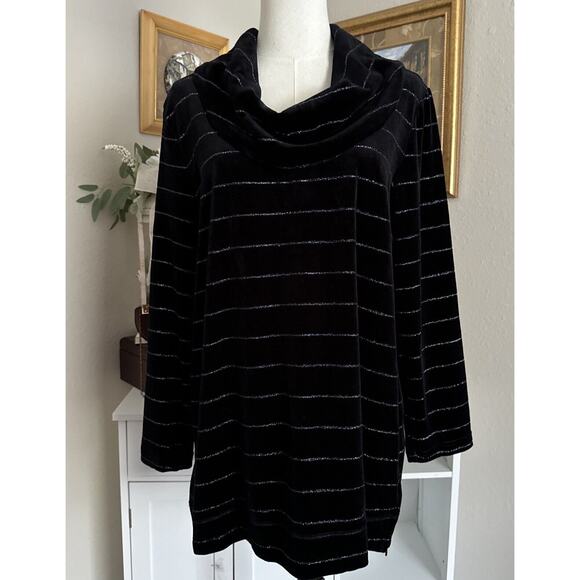 Talbots Women's Sweater Striped Velour Metallic Long Sleeve Sz L Cowl Neck - Picture 1 of 16